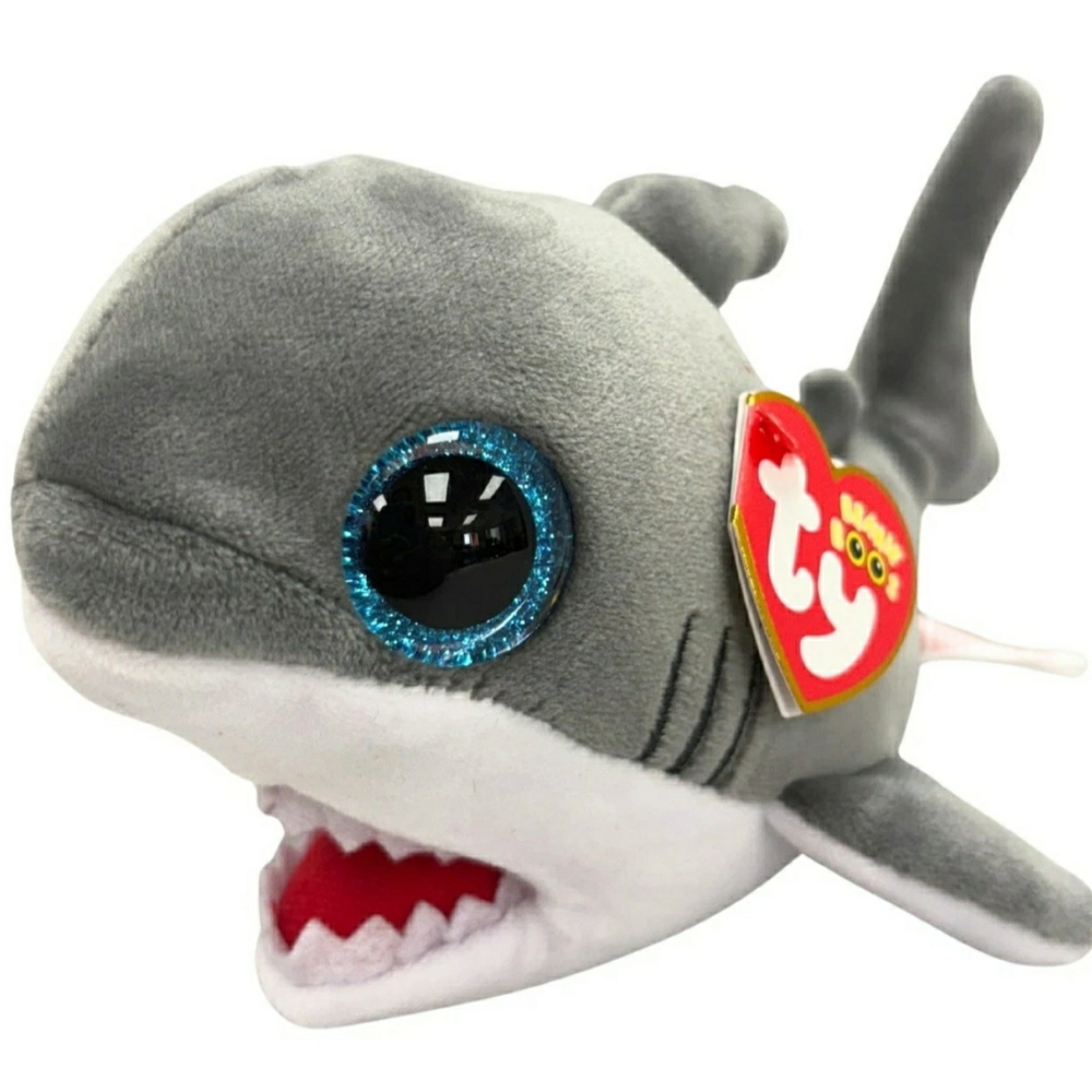 NWT Ty Beanie Baby Plush Finnegan Shark with Glittery Blue Eyes Open Mouth Teeth